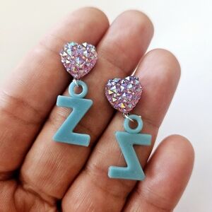 Letter Z Monogram Sparkly Purple Lavender Heart Aqua Blue 90s Style Earrings